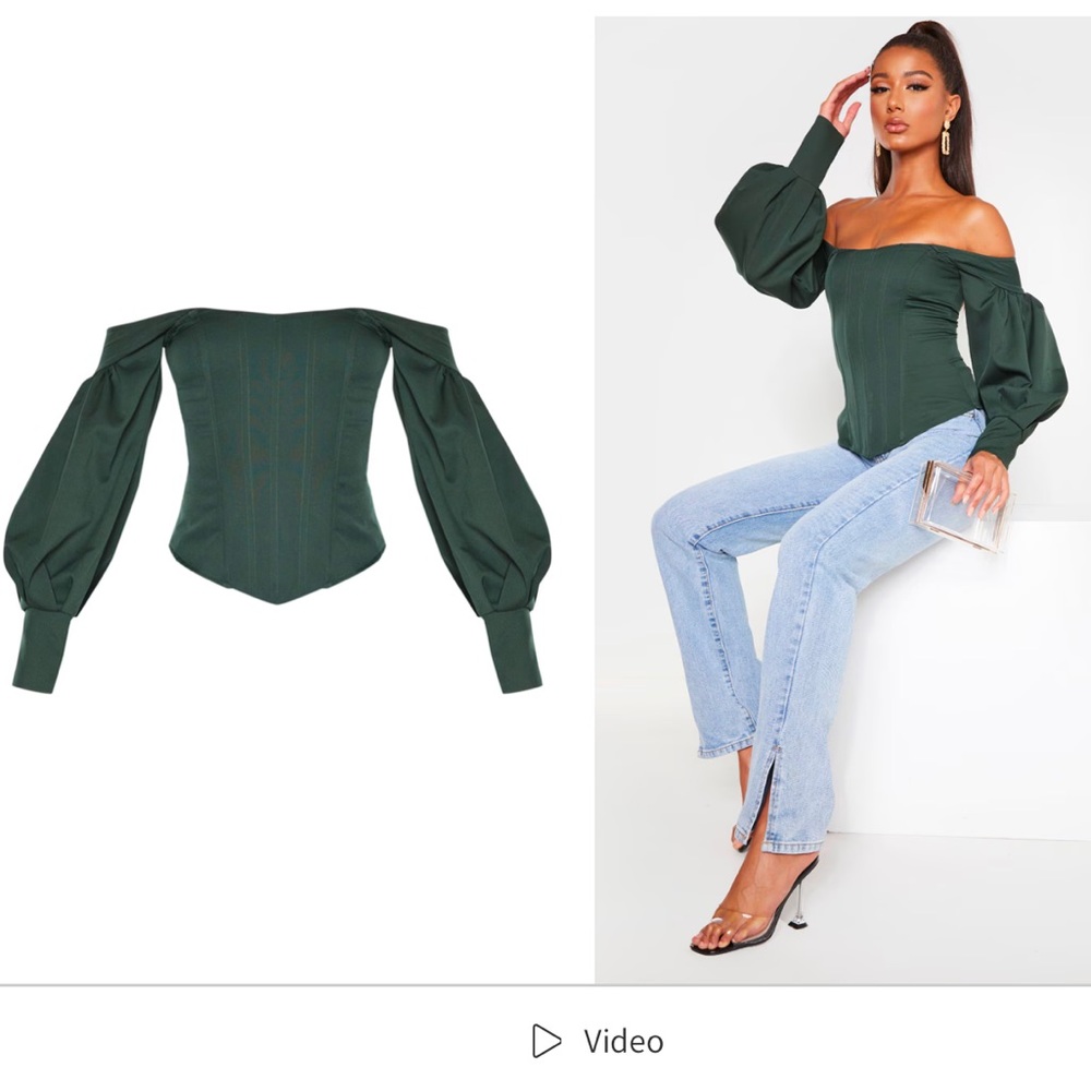 Green Balloon Sleeve Off the Shoulder Top.